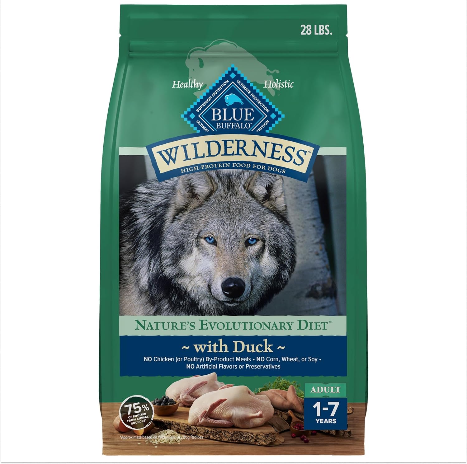 Blue Buffalo Wilderness Natural High-Protein Dry Food For Adult Dogs, With Wholesome Grains, Duck, 28-Lb Bag