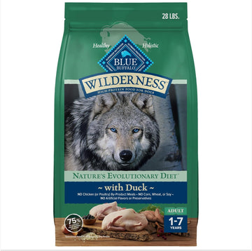 Blue Buffalo Wilderness Natural High-Protein Dry Food For Adult Dogs, With Wholesome Grains, Duck, 28-Lb Bag