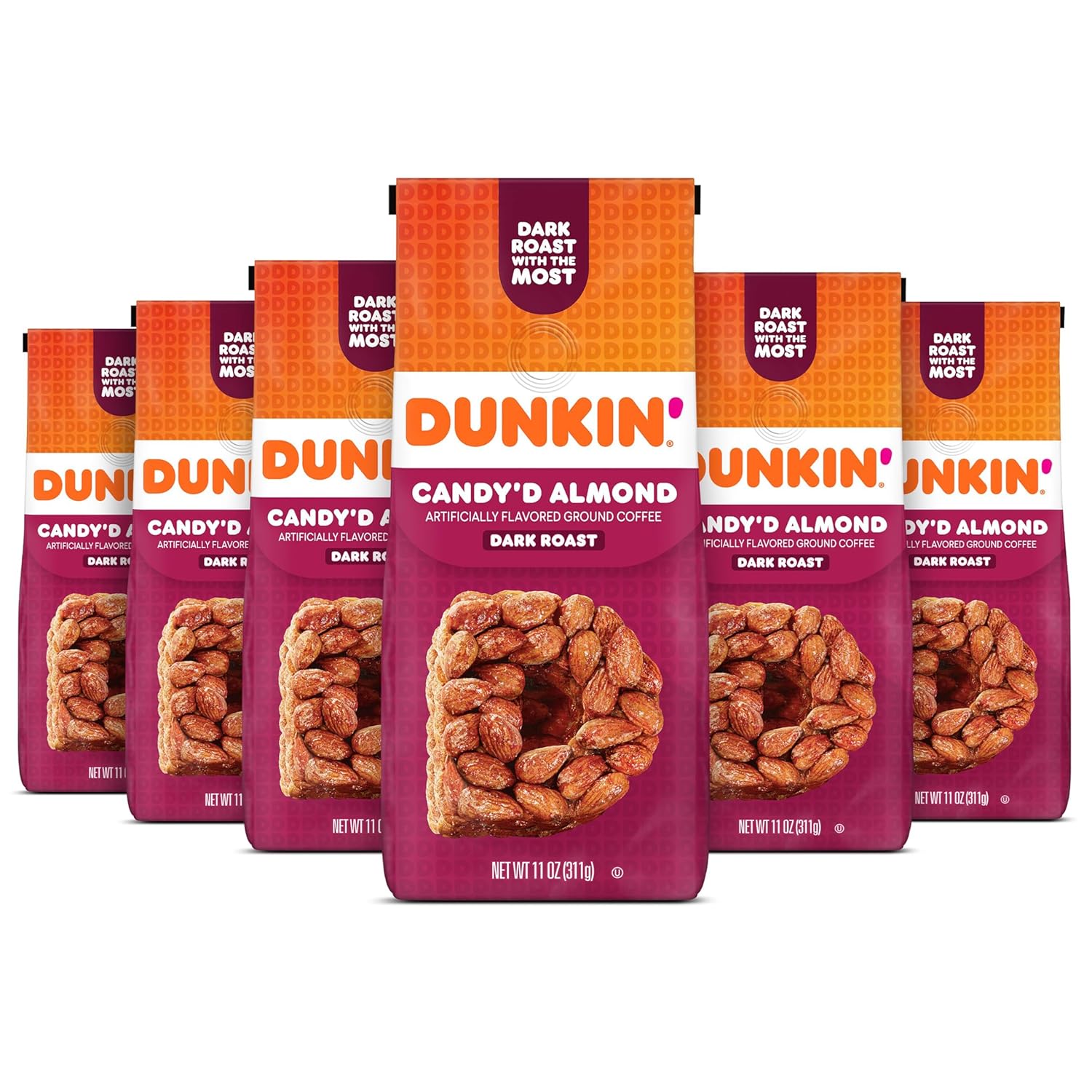 Dunkin' Candy'D Almond Flavored Dark Roast Ground Coffee, 11 Ounce (Pack Of 6)