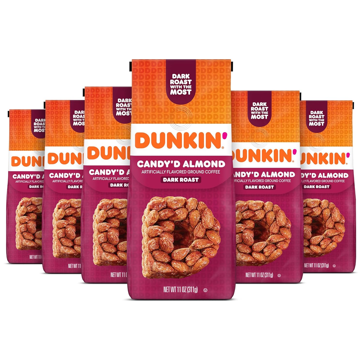 Dunkin' Candy'd Almond Flavored Dark Roast Ground Coffee, 11 Ounce (Pack of 6)