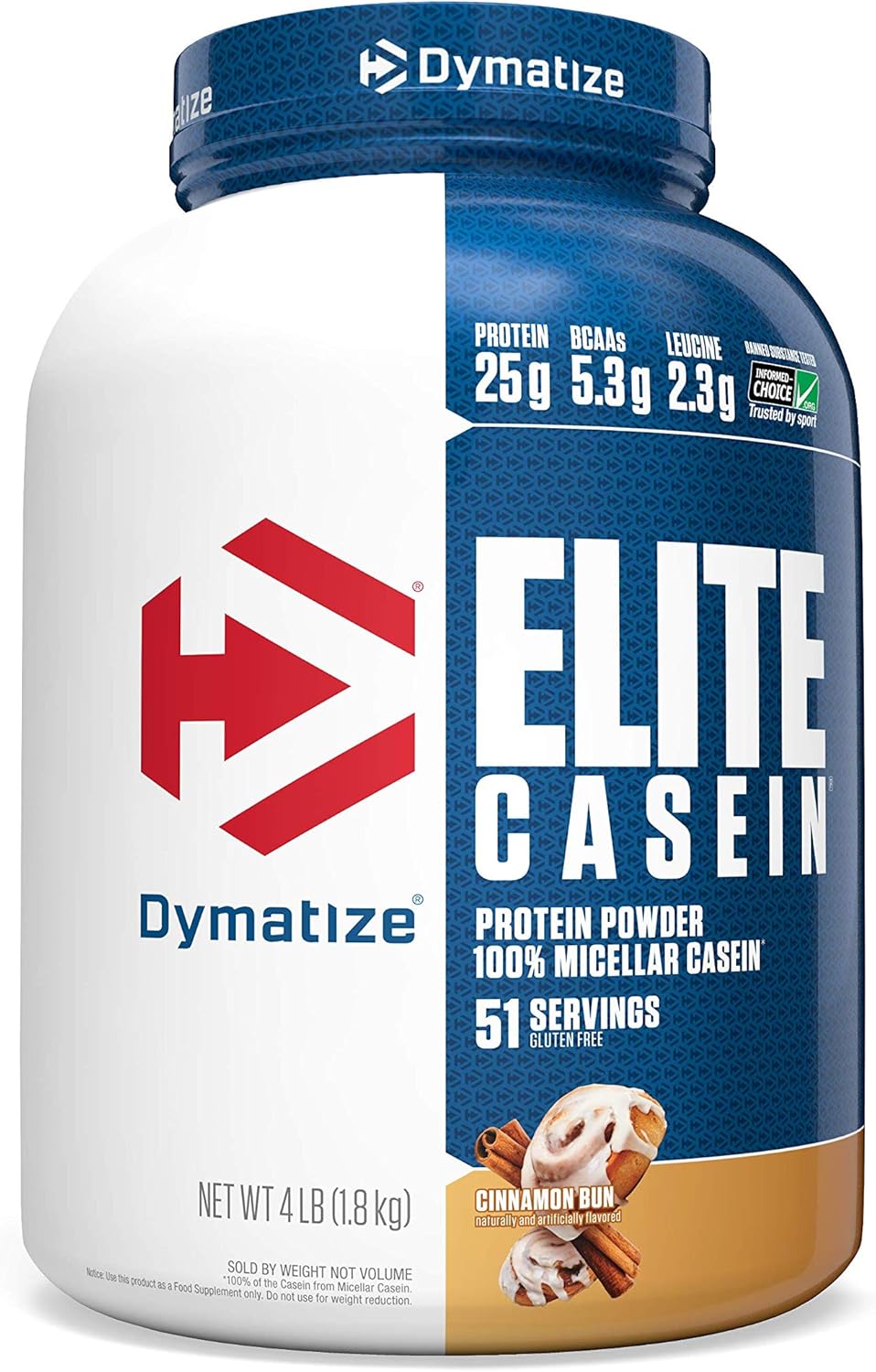 Dymatize Elite Casein Protein Powder, Slow Absorbing With Muscle Building Amino Acids, 100% Micellar Casein, 25G Protein, 5.4G Bcaas & 2.3G Leucine, Helps Overnight Recovery, Cinnamon Bun, 4 Pound