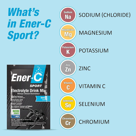 Ener-C Sport Electrolyte Hydration Drink Mix Powder Vitamin C Magnesium Zinc & Electrolytes Support Muscle Recovery, Energy & Immunity - Caffeine Free Low Sugar Vegan Mixed Berry - 12 Count