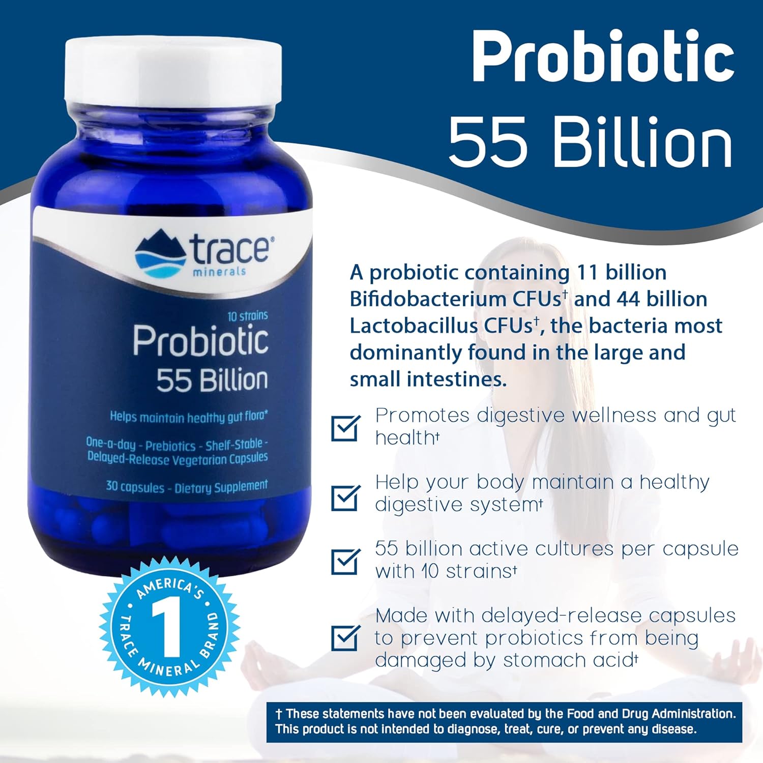 Probiotic 55 Billion active cultures per capsule. 30 Capsule, Bifidobacterium, Lactobacillus ,One-A-Day. Delayed-release capsules. Gluten free. Vegetarian. Healthy Gut. Gut Health. Men and Women