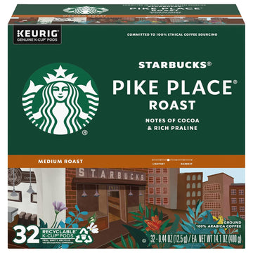 Starbucks Coffee K-Cup Pods, Pike Place Roast, Medium Roast Coffee, Notes Of Cocoa & Rich Praline, Keurig Genuine K-Cup Pods, 32 Ct K-Cups/Box (Pack Of 1 Box)