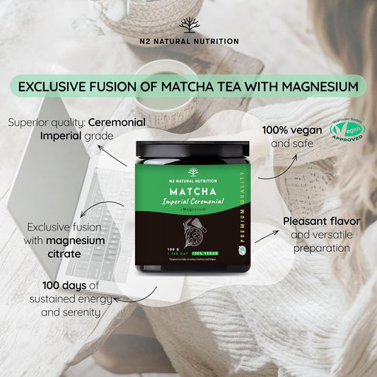 Imperial Ceremonial Grade Matcha Tea Powder + Magnesium Citrate, 100Gr. Sourced From Uji, Japan, High Dose, Vegan, Made In Eu, Natural Energy And Focus, Detox Superdrink. N2 Natural Nutrition