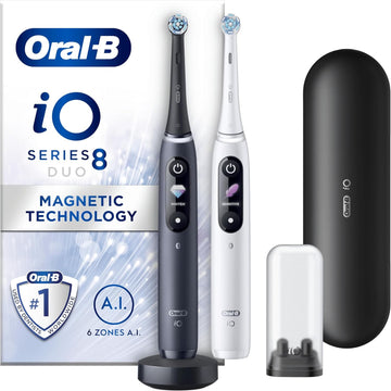 Oral-B Io8 2X Electric Toothbrushes For Adults, Gifts For Women / Men, App Connected Handles, 2 Toothbrush Heads & Travel Toothbrush Set, 6 Modes, 2 Pin Uk Plug, Black & White, Oral B Io Toothbrush