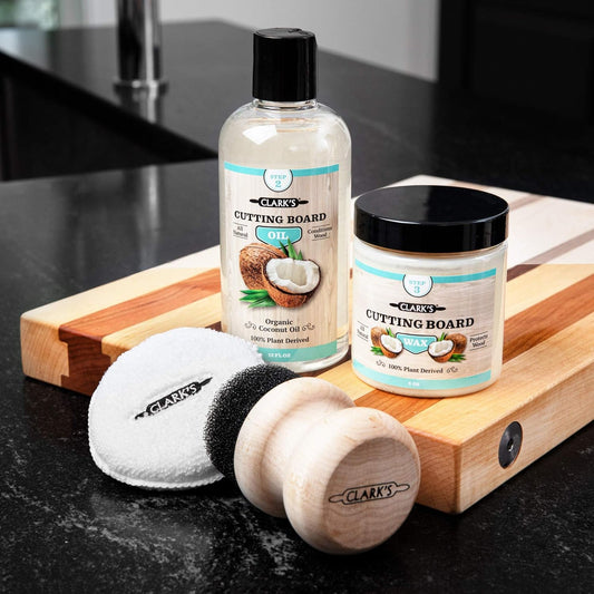 CLARK'S Coconut Cutting Board Oil and Wax Finishing Kit - Made with Refined Coconut Oil - Includes Oil (12oz), Cutting Board Wax (6oz), Small Applicator and Buffing Pad - Butcher Block Oil and Wax