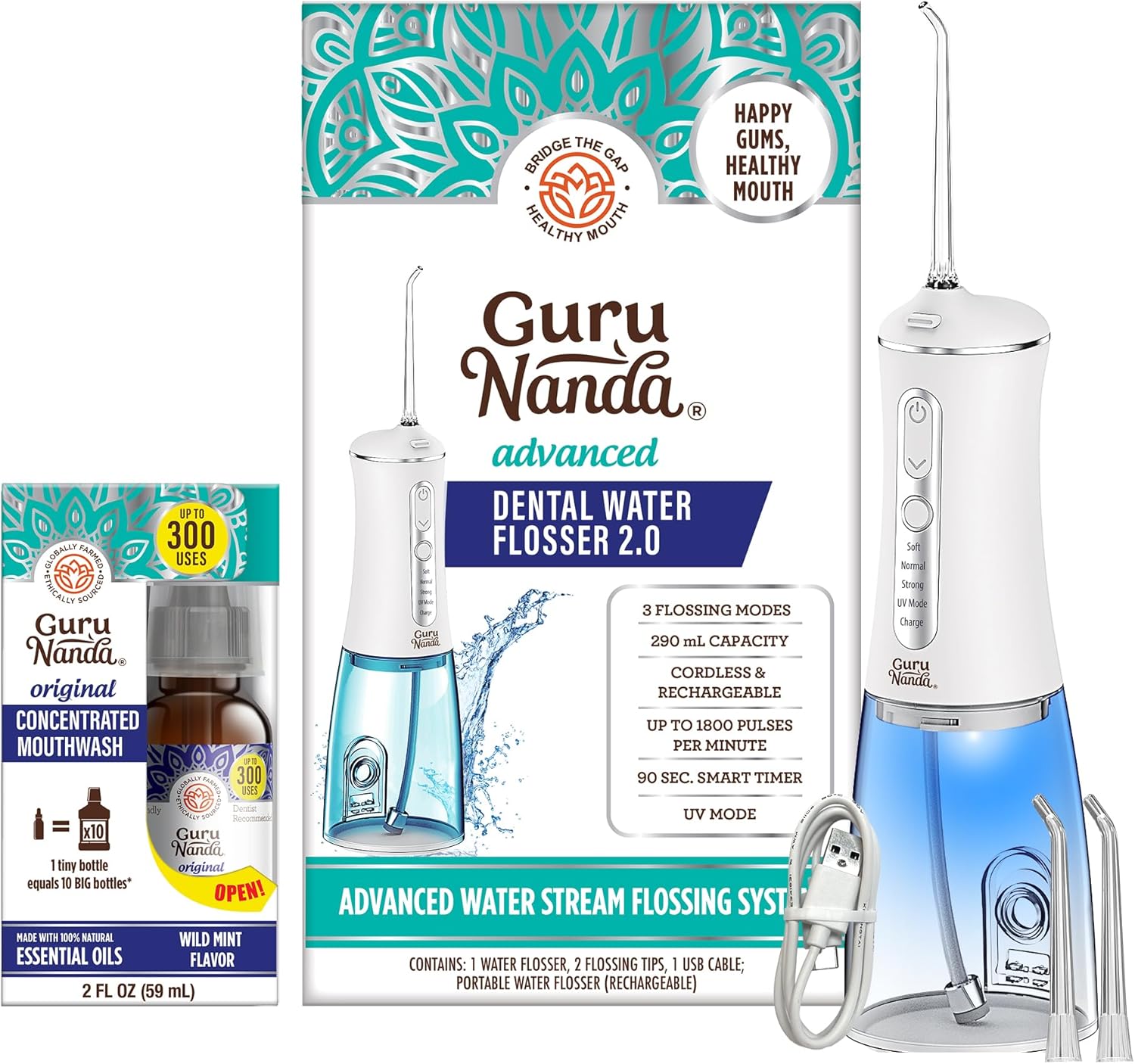 Gurunanda Concentrated Mouthwash,Fluoride-Free (2 Fl Oz) With Advanced Dental Water Flosser 2.0 - Cordless & Portable - 300 Ml Water Tank