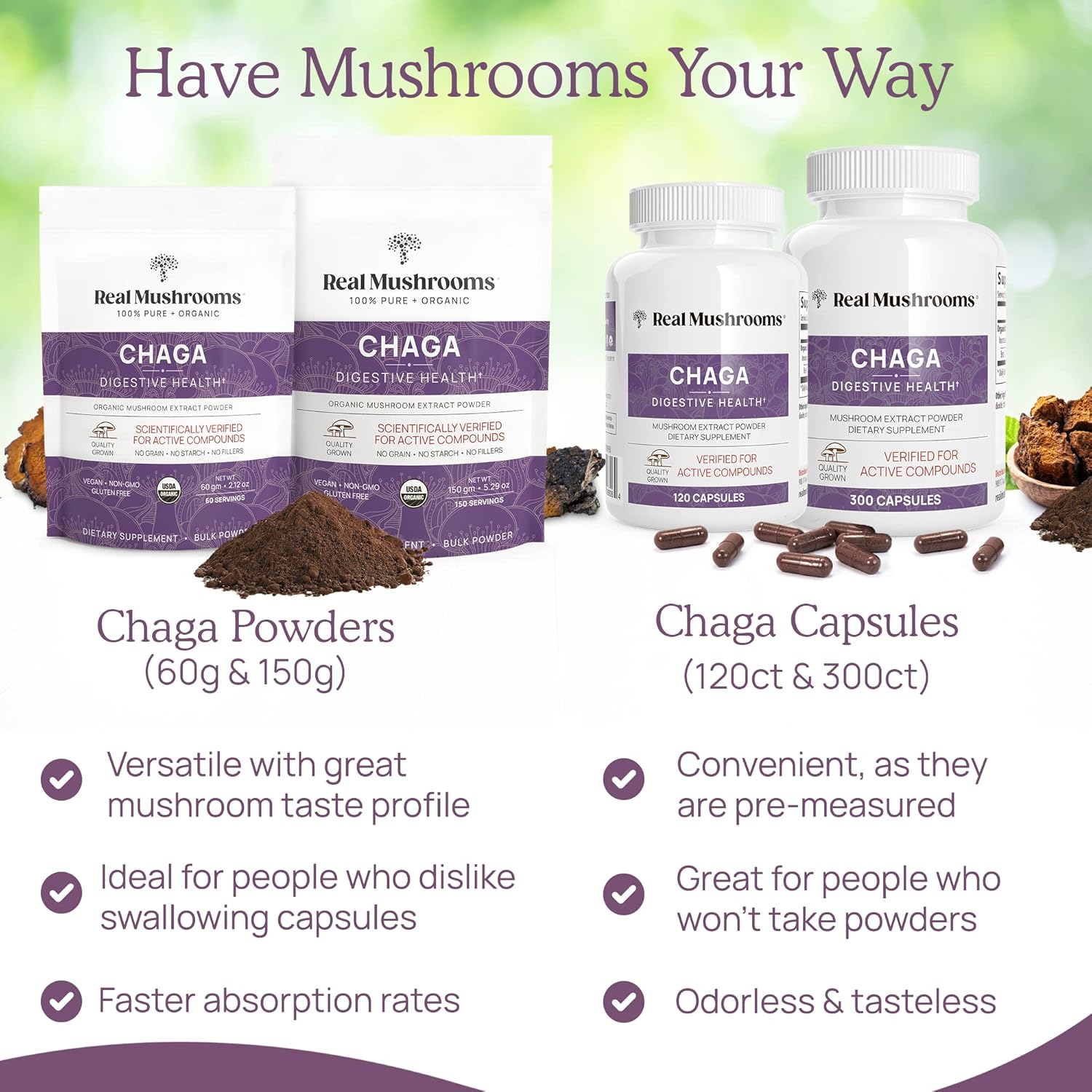 Real Mushrooms Chaga Powder - Organic Mushroom Supplement with Chaga Extract - Chaga Mushroom Powder for Digestion, Energy, & Immune Support - Vegan Mushroom Extract, Non-GMO, 150 Servings : Health & Household