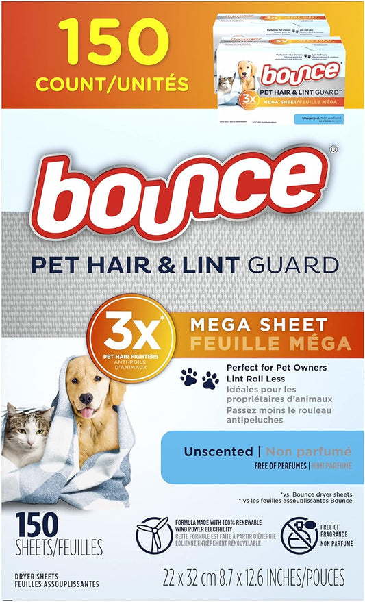 Bounce Pet Hair And Lint Guard Mega Fabric Softener Dryer Sheets With 3X Pet Hair Fighters, Unscented, 150 Count