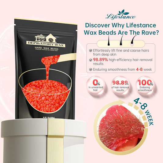 Lifestance Hard Wax Beads, 1lb Strawberry Red Waxing Beads for Coarse Hair Removal Wax Beans for Eyebrow Body, Painless Wax Beads for Fine Hair Brazilian Bikini for Wax Warmers at Home Women Men