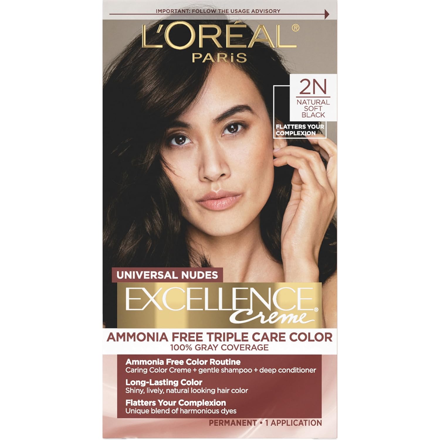 L’Oréal Paris Excellence Universal Nudes Permanent Hair Color, Ammonia Free Hair Dye For Gray Hair Coverage, 2N Natural Soft Black, 1 Hair Dye Kit