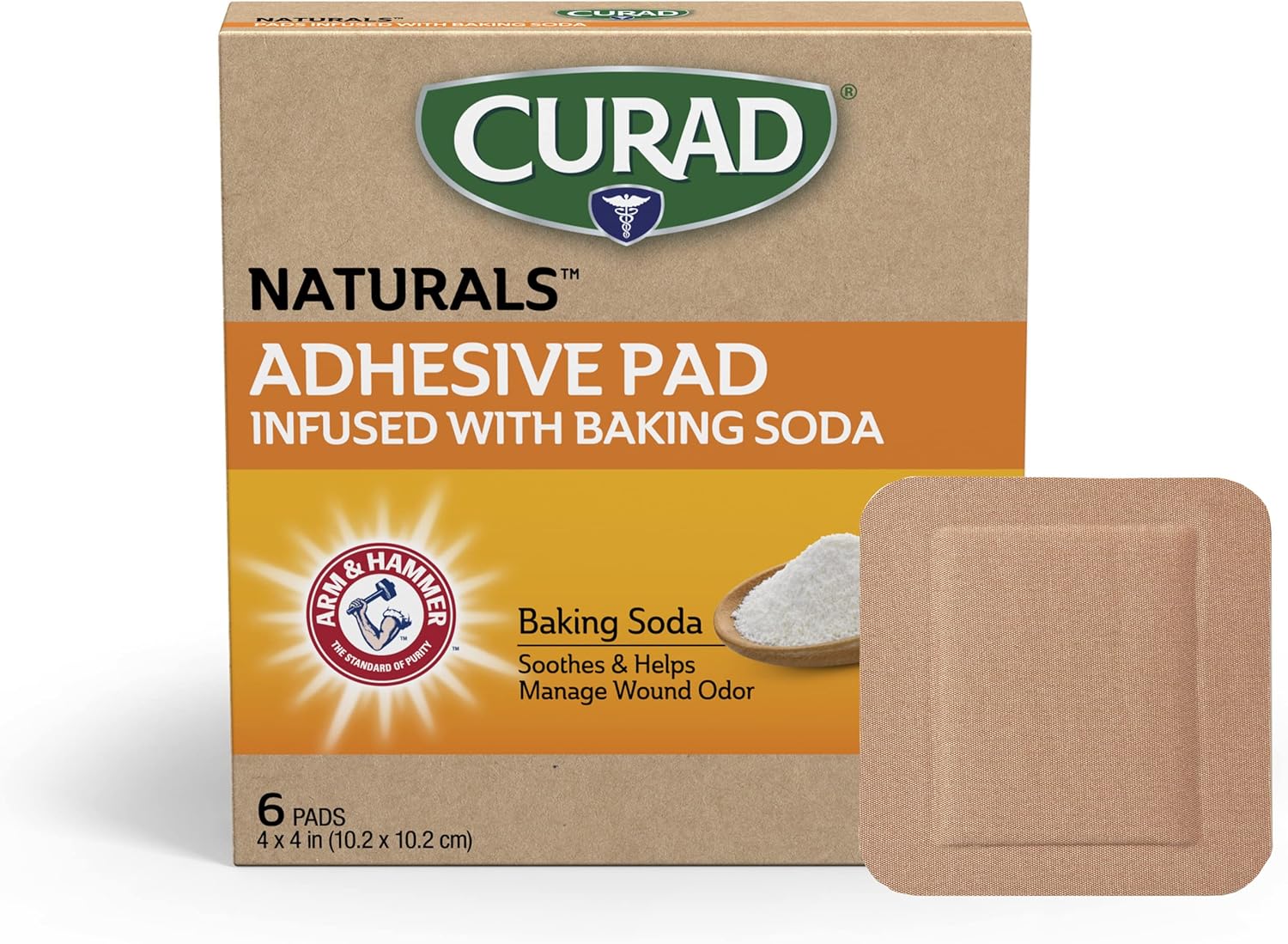 Curad Naturals Arm & Hammer Baking Soda Adhesive Pads 4" X 4", Individually Wrapped Sterile Bandage, First Aid Kit Essential, Protects Scrapes And Cuts, Absorbent And Self-Adhesive, 6-Count Box