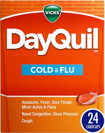 Vicks Dayquil Cold & Flu Medicine, Non-Drowsy Powerful Multi-Symptom Daytime Relief For Headache, Fever, Sore Throat, Minor Aches And Pains, Nasal Congestion, Sinus Pressure And Cough, 24 Liquicaps