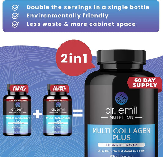 Dr. Emil Nutrition Multi Collagen Pills - 180 Capsules - Collagen Supplements To Support Hair, Skin, Nails, & Joints - Hydrolyzed Collagen Supplements For Women With Types I, Ii, Iii, V & X