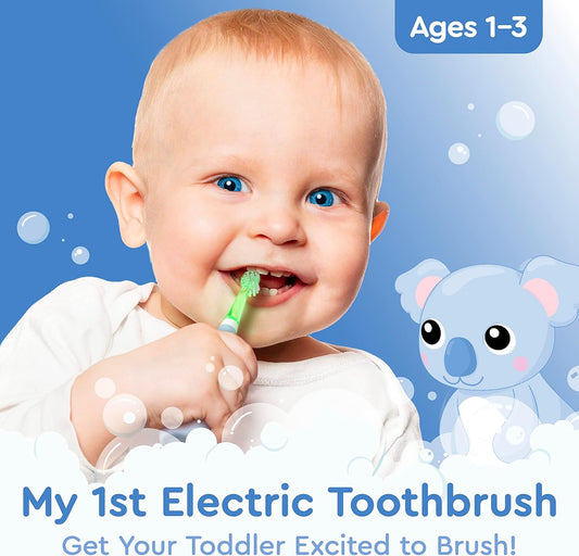 Brusheez Little Toddlers Sonic Toothbrush - Safe & Gentle Toothbrush for Ages 1-3 with Built-in, Light-Up 2-Minute Timer, Extra Brush Head, & Storage Base for First-Time Brushers (Kiwi The Koala)