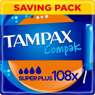 Tampax Compak, Super Plus Absorbency, Heavy Flow, 108 Tampons With Applicator (18 x 6 Packs) SAVING PACK, Comfortable & Clean Insertion, Leak Protection