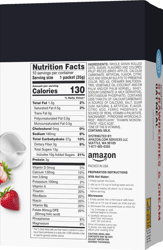 Amazon Brand - Happy Belly Instant Oatmeal, Strawberries & Cream, 1.23 ounce (Pack of 10)