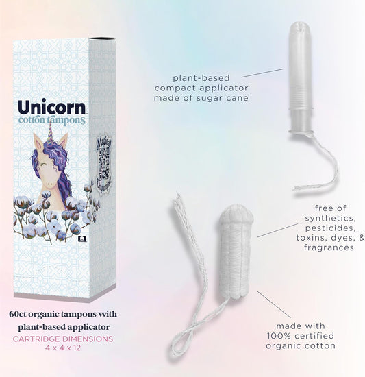 UNICORN Tampons, Organic Plant-Based Compact Applicator Regular Cotton Tampon Cartridge (60 Count, Pack of 1)