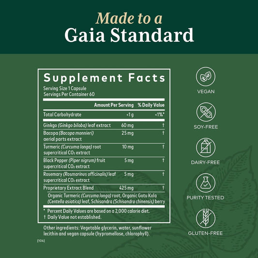Gaia Herbs Pro Brain Daily Nf-Kb Formula - Brain Supplement For Memory - With Bacopa, Black Pepper, Ginkgo, Gotu Kola, Rosemary, Schisandra & Turmeric - 60 Vegan Liquid Phyto-Capsules (60 Servings)