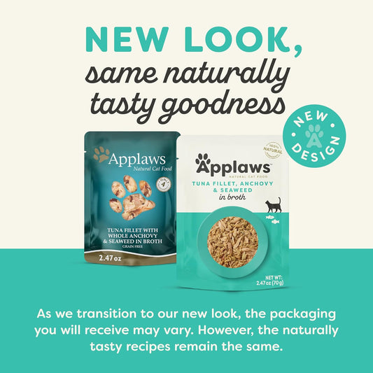Applaws Natural Wet Cat Food In Broth, Limited Ingredient Wet Cat Food Pouches, No Additives, Made With Natural Ingredients, Tuna With Anchovt & Seaweed In Broth (12 X 2.47Oz Pouches)