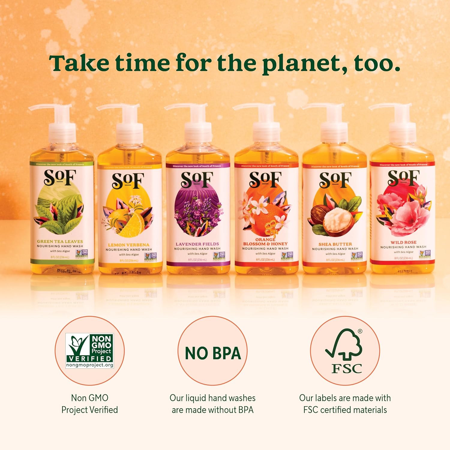 Sof Nourishing Hand Wash - With Moisturizing Sea Algae, Coconut & Olive Oil- Vegan & Non Gmo- Free From Phthalates, Sulfates & Parabens- Orange Blossom & Honey - 8 Oz Bottle 6 Pack : Beauty & Personal Care