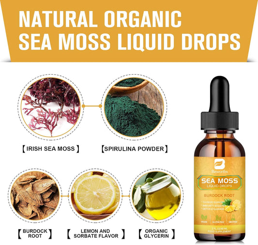Sea Moss Liquid Drops - Organic Irish Sea Moss Gel With Spirulina, Bladderwrack, Burdock Root, Pinapple Seamoss Gel Supplement For Joint, Detox Cleanse & Digestion Support - 2 Fl Oz, Vegan