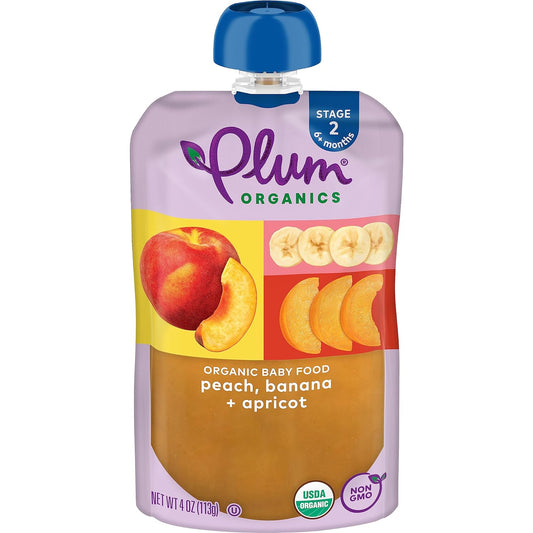 Plum Organics Stage 2 Organic Baby Food - Peach, Banana, and Apricot - 4 oz Pouch (Pack of 12) - Organic Fruit and Vegetable Baby Food Pouch