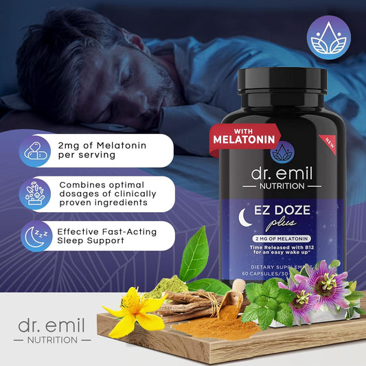 Dr. Emil Nutrition Ez Doze Plus Natural Sleep Aid With Melatonin, L-Theanine, Gaba & 5Htp - Extra Strength Sleeping Pills For Adults - Safe And Non-Habit Forming (60 Veggie Capsules)