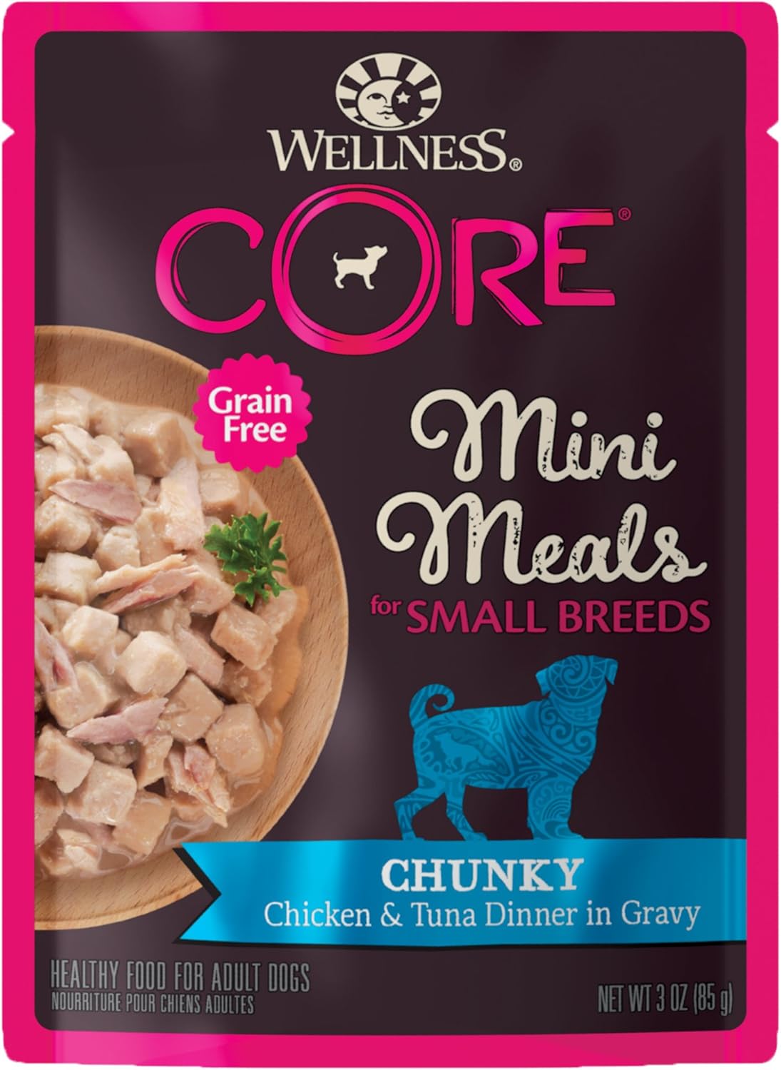 Wellness Core Natural Grain Free Small Breed Mini Meals Wet Dog Food, Chunky Chicken & Tuna Dinner In Gravy, 3-Ounce Pouch (Pack Of 12)