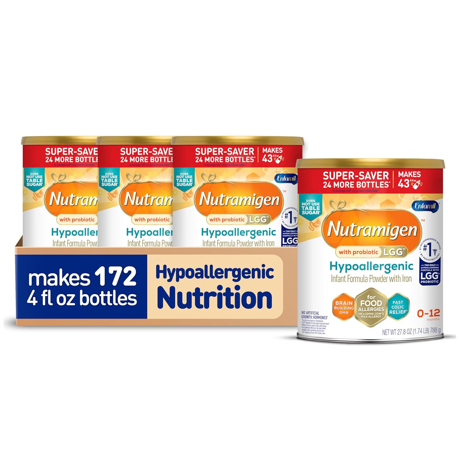 Enfamil Nutramigen Hypoallergenic Baby Formula With Iron, Lactose Free, Colic Relief From Cow'S Milk Allergy Starts In 24 Hours, Brain Building Dha, Probiotic Lgg For Immune Support, 27.8 Oz, 4 Count