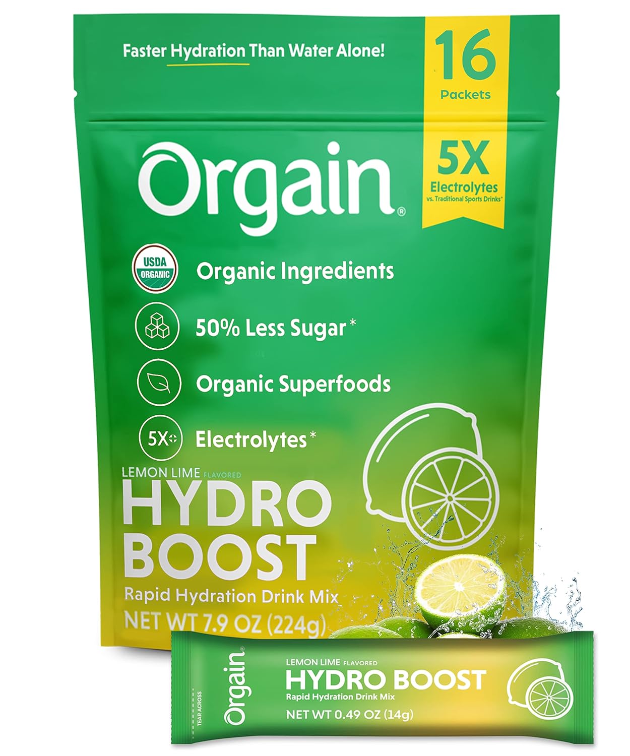 Orgain Organic Hydration Packets, Electrolytes Powder - Lemon Lime Hydro Boost with Superfoods, Gluten-Free, Soy Free, Vegan, Non GMO, Less Sugar than Sports Drinks, Travel Packets, 16 Count : Health & Household