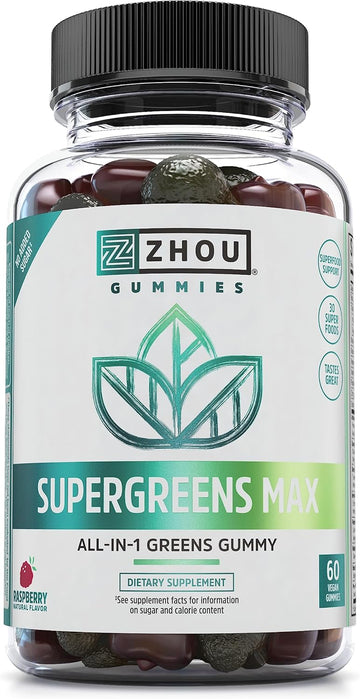 Zhou Supergreens Max Gummies, Greens Antioxidant Blend, Superfood Support Supplement, Digestion And Immune Health, Cellular Energy, Prebiotic And Probiotic Blend, No Added Sugar, 60 Vegan Gummies