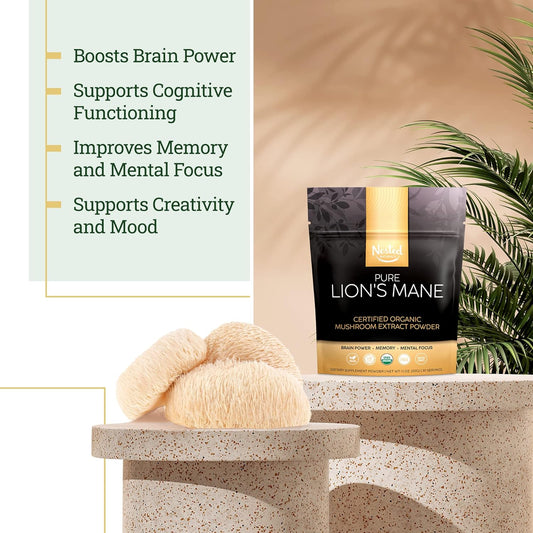 Nested Naturals Pure Lions Mane, 100% Lions Mane Mushroom Extract Powder Supplement, USDA Organic, Support Brain Power, Focus, Memory, Mood, Vegan, Gluten Free (30 Servings)