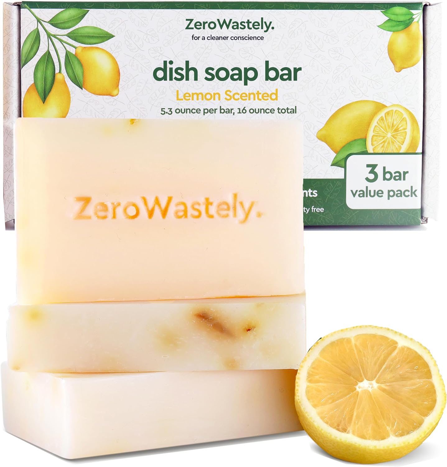 Natural Dish Soap Bar - Value Pack of 3 Solid Dish Soap Block 16oz - Lemon Scented, Long Lasting, Skin Friendly - Sustainably Made from 100% Organic Ingredients - Plastic Free Dish Soap