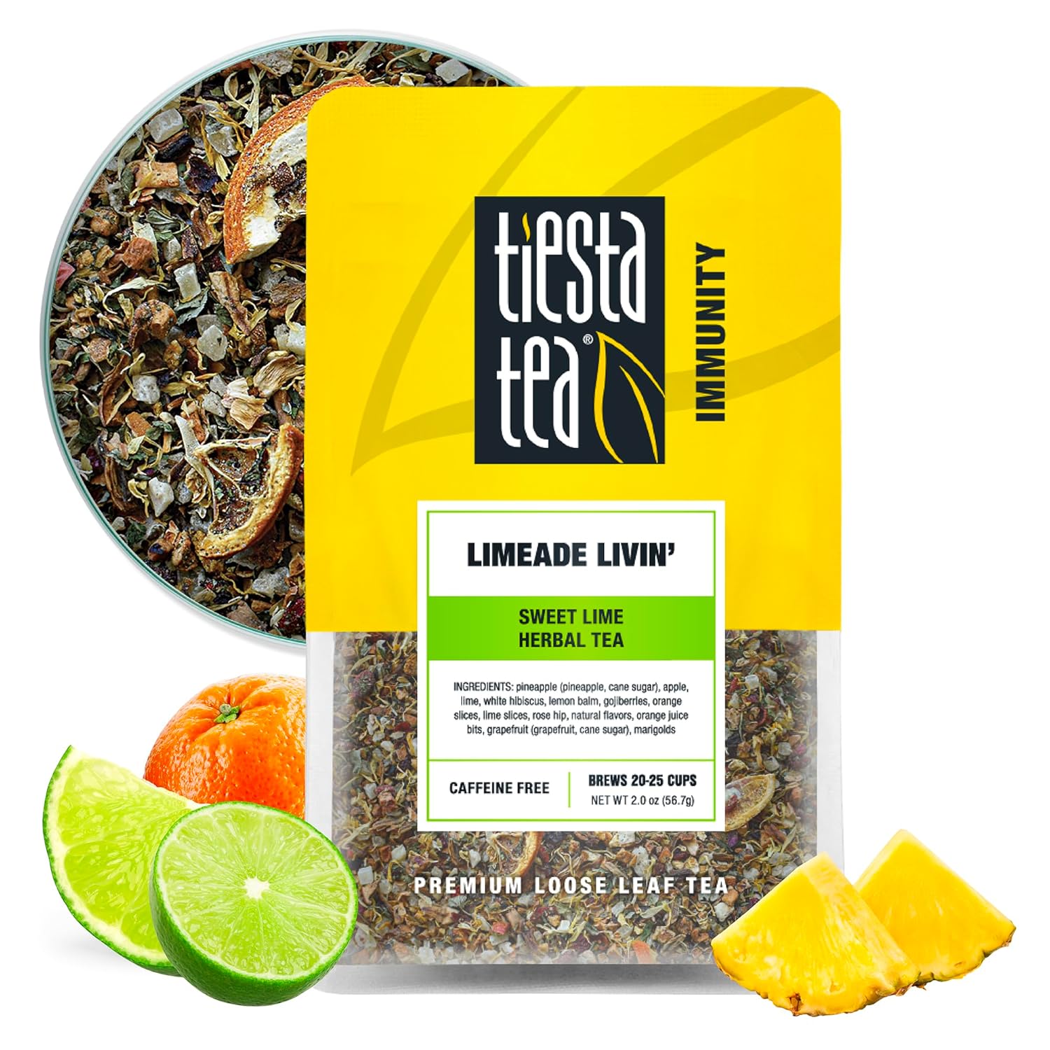 Tiesta Tea - Limeade Livin - Sweet Lime Herbal Tea - Loose Leaf Tea Blend - Non Caffeinated Fruit Tea - Make Hot Or Iced Tea Up To 25 Cups - 2 Oz Resealable Pouch