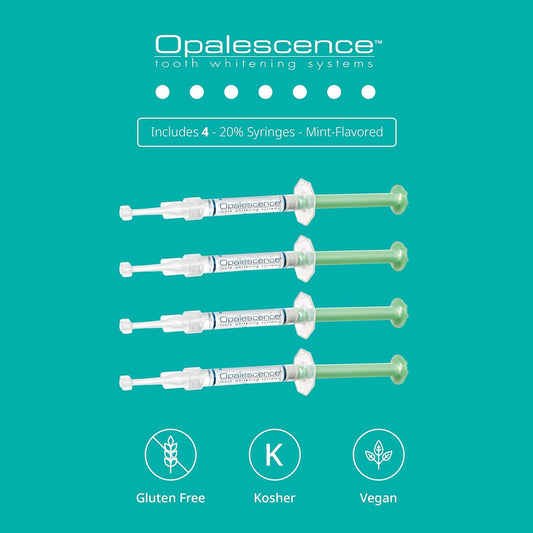 Opalescence 20% Teeth Whitening Refill Kit (2 Packs / 4 Syringes) Carbamide Peroxide. Made by Ultradent, in Mint Flavor. Tooth Whitening Refill Syringes - B-5196-4