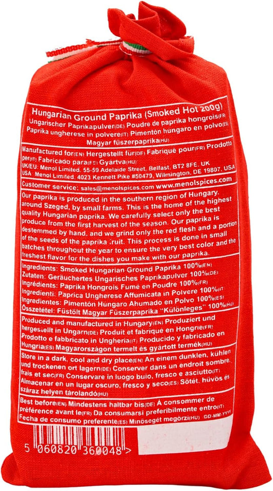 Menol Spices Authentic Hungarian Smoked Paprika Powder (Smoked Hot 200G) Premium Gourmet Quality, Incredible Smokey And Spicy Flavour, Vibrant Red, Produced In Region Of Szeged, Hungary