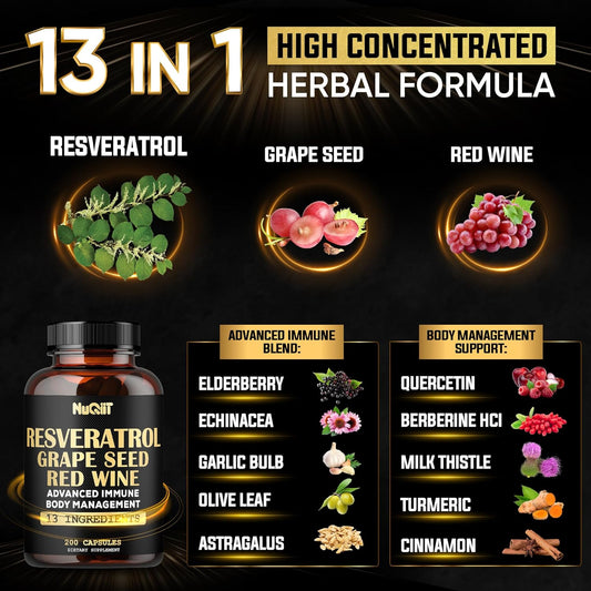 Trans Resveratrol Supplement With Red Wine Extract, Immune & Body Management Complex - Echinacea, Garlic Bulb, Berberine Hci, Milk Thistle & More - 200 Capsules For 100 Servings