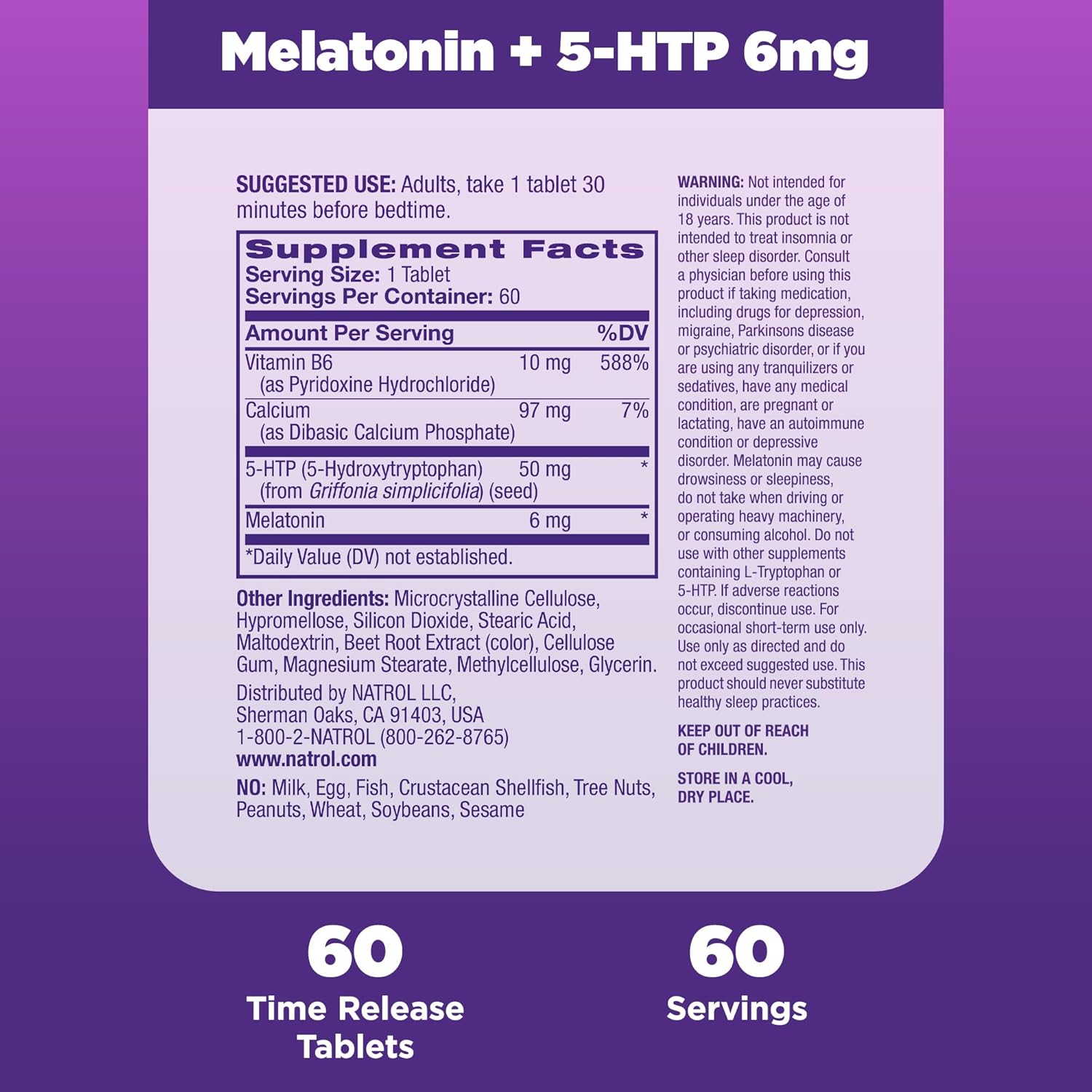 Natrol Advanced Sleep Melatonin + 5HTP, 6mg, Calming Sleep Aid for Restful Sleep, 60 Time-Release Tablets, 60-Day Supply : Health & Household