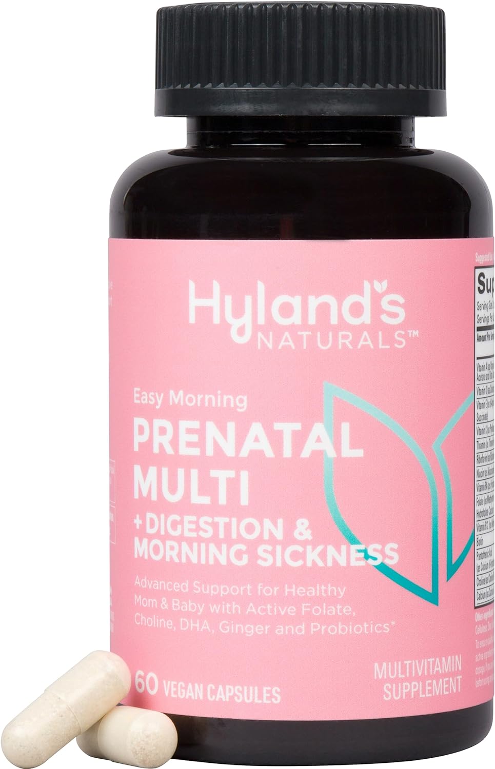 Hyland's Naturals Easy Morning Prenatal Multivitamin + Digestive Health & Morning Sickness Relief - 60 Vegan Capsules - with Folate, Choline, Zinc, Ginger Root, Prebiotics and Algae DHA