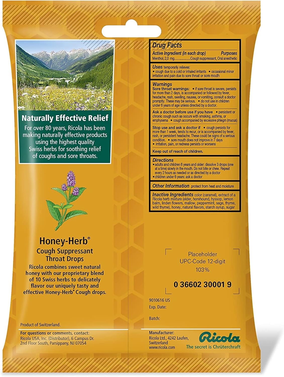 Ricola Herb Throat Drops Honey Herb - 24 Drops