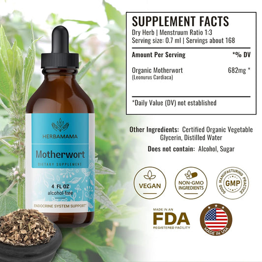 HERBAMAMA Motherwort Tincture - Organic Motherwort Herb Liquid Drops - Vegan Supplement - 4 fl oz