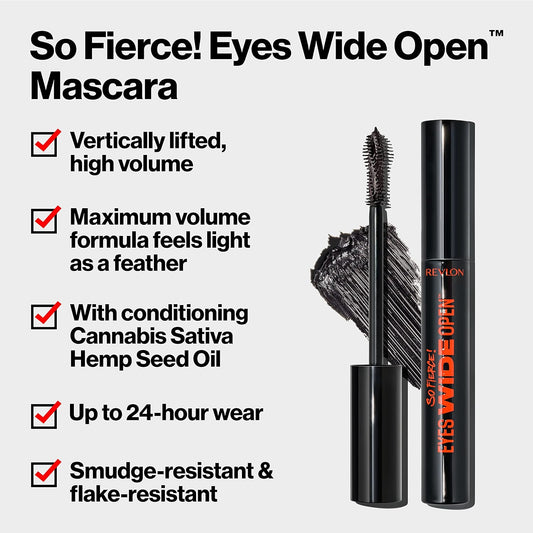 Revlon So Fierce! Eyes Wide Open Mascara With Push-Up Brush, For Volumizing & High Lifting Eyelashes, Smudge-Proof, Flake Resistant, 102 Black, 0.24 Fl Oz