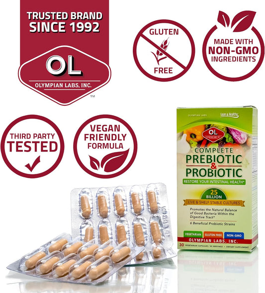 Olympian Labs Complete Prebiotic And Probiotic Supplement - 25 Billion Live Shelf Stable Cultures - 30 Vegetarian Capsules, Helps Restore The Natural Balance Within The Digestive Tract