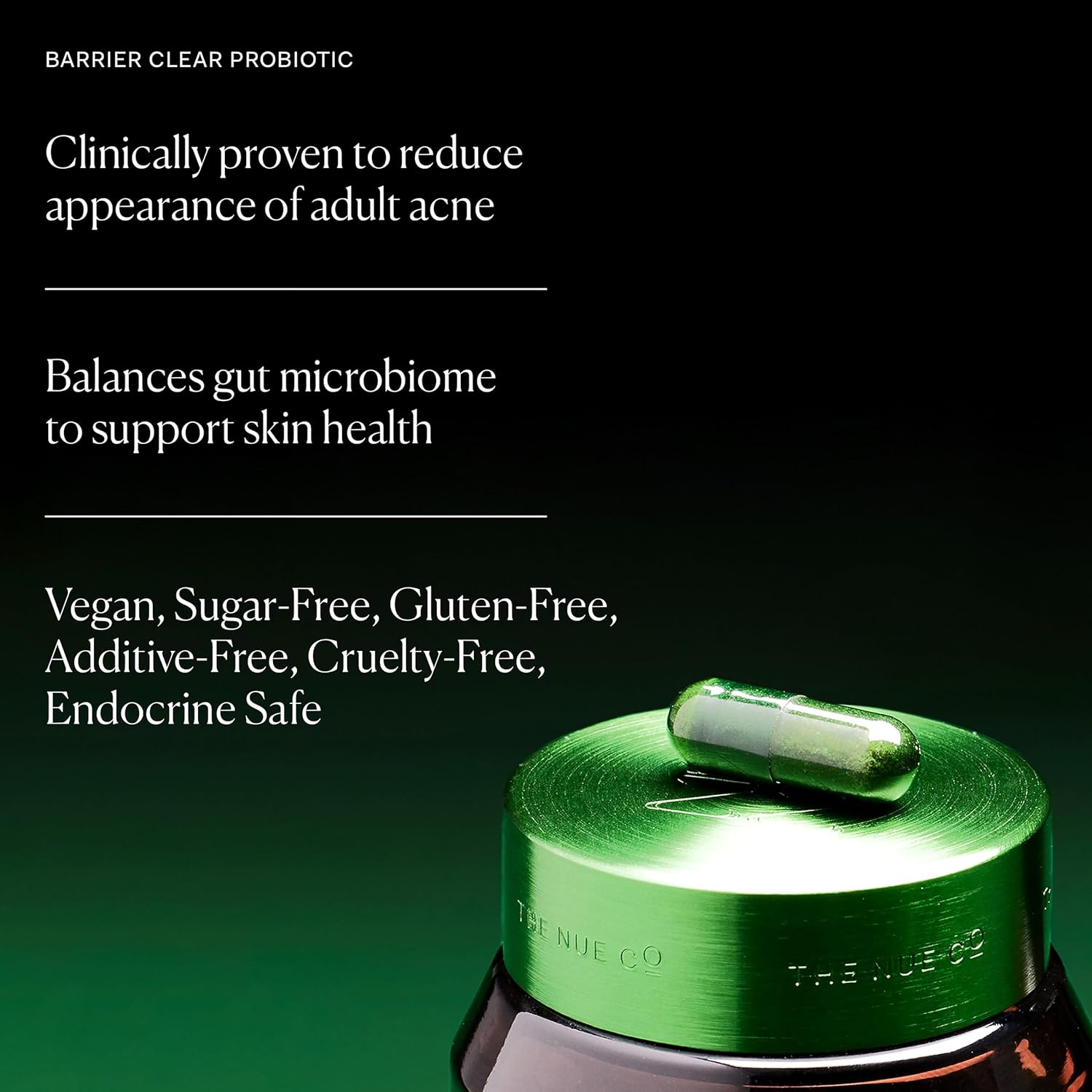 The Nue Co. Barrier Clear Probiotic, Gut-Skin Axis Acne Formula, For All Skin Types, 30 Capsules