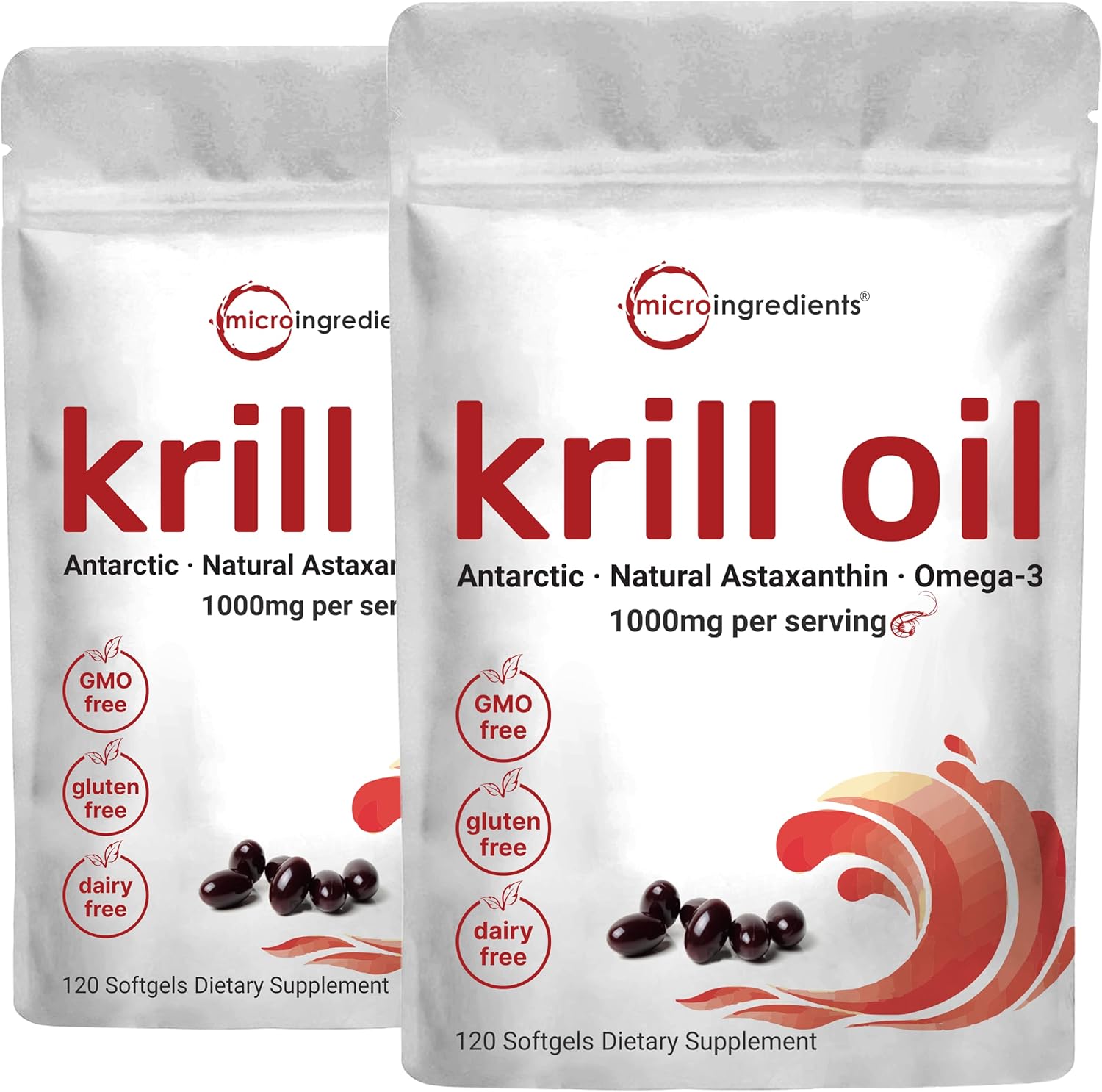 2 Pack Antarctic Krill Oil Supplement, 1000Mg Per Serving, 120 Soft-Gels Each, Rich In Omega-3S, Epa, Dha & Astaxanthin, Supports Brain Health, Premium Krill Oil Capsules Liquid Softgels