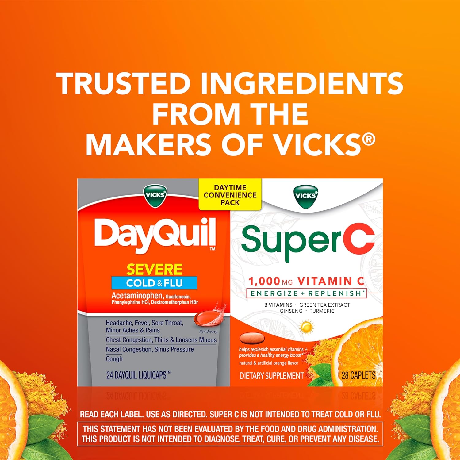 Vicks DayQuil & Super C Convenience Pack: DayQuil Severe Medicine for Cold & Flu Relief, Conveniently Packaged with Super C Energize and Replenish* Daily Supplement with Vitamin C, B Vitamins, 52ct : Health & Household
