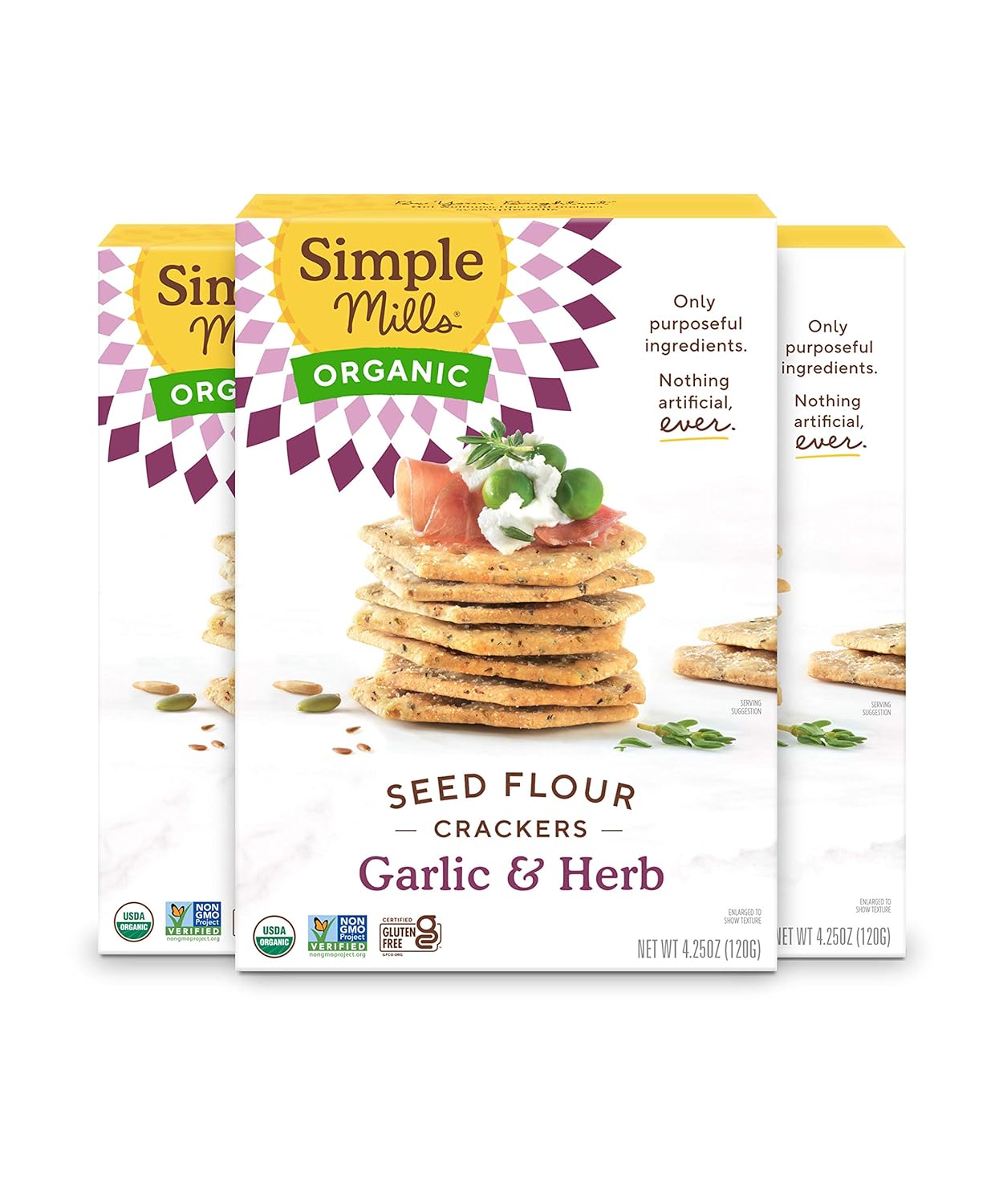 Simple Mills Organic Seed Crackers, Garlic & Herb - Gluten Free, Vegan, Healthy Snacks, Paleo Friendly, 4.25 Ounce (Pack of 3)