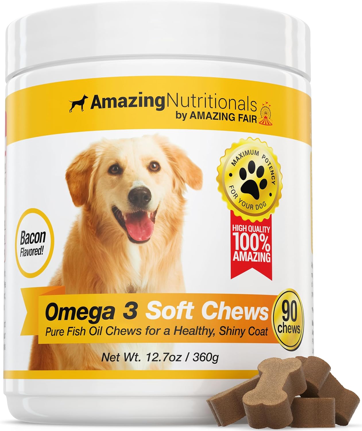 Amazing Omega 3 Fish Oil for Dogs - Omega 3 for Dogs Shedding and Itchy Skin Relief for Dog Dry Skin and Hot Spots, EPA and DHA Fatty Acids, Dog Skin and Coat Supplement - 90 Bacon Soft Chews